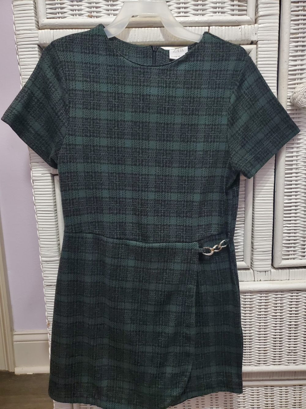 Zara Dark Green Plaid Mini Dress with Chain Accent